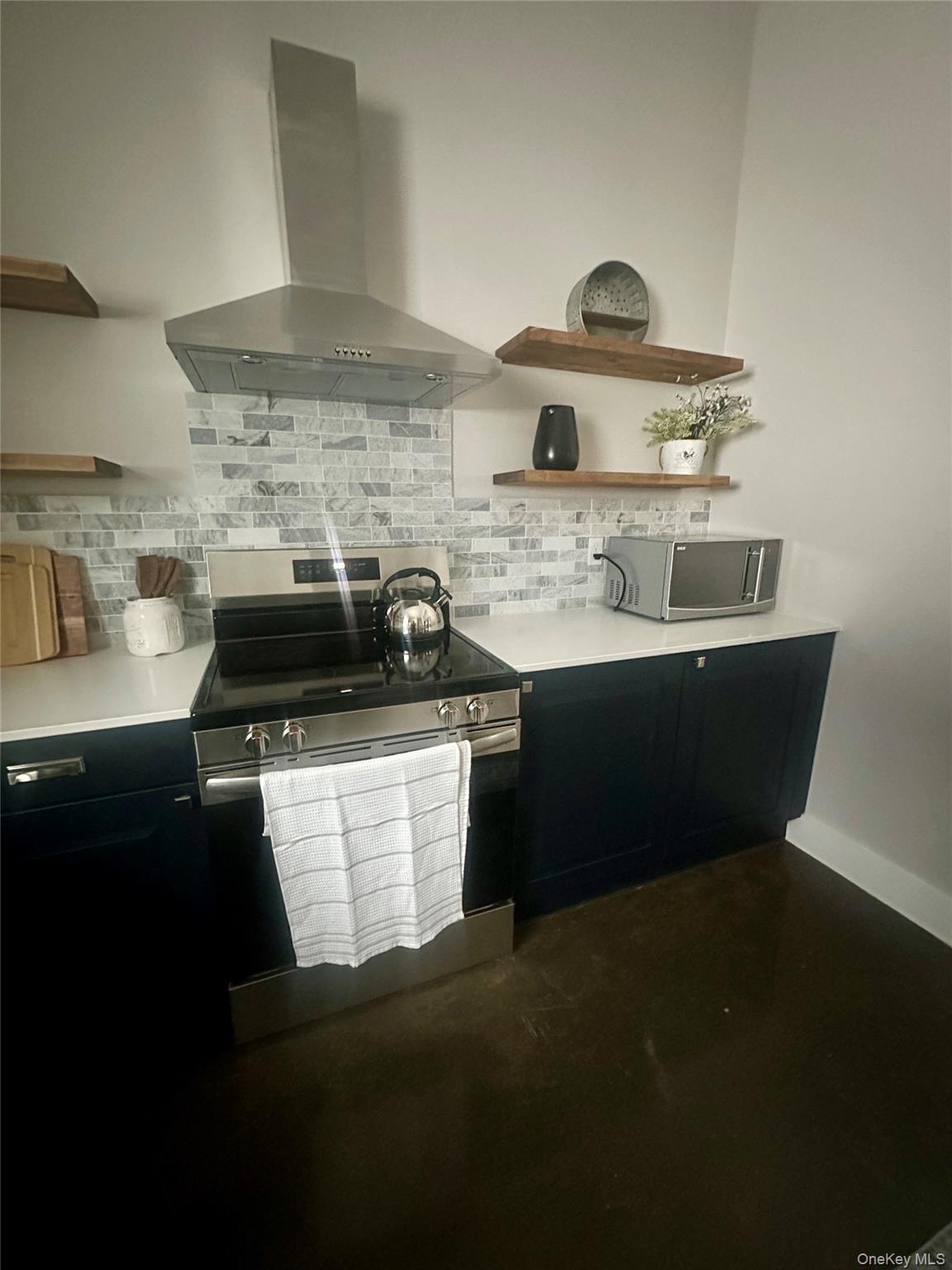 161 Hazel Road Livingston Manor, NY 12758 - Photo 5 of 24 Kitchen featuring open shelves, dark cabinetry, stainless steel appliances, wall chimney range hood, and decorative backsplash