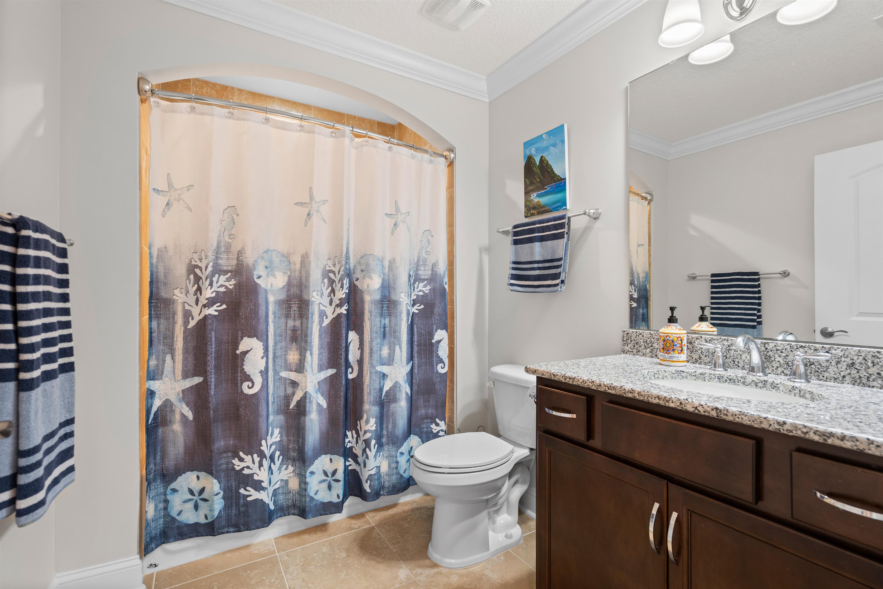 102 Timoga Trail St. Augustine, FL 32084 - Photo 29 of 44 a bathroom with a granite countertop sink toilet and shower curtains