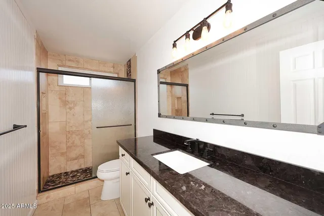 a bathroom with a granite countertop sink a toilet a mirror and shower
