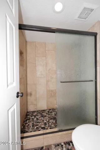 a bathroom with a shower and a toilet