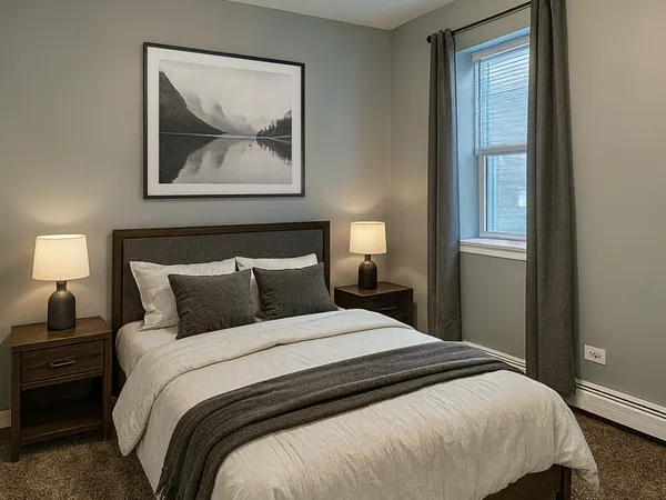a bedroom with a bed and a painting on the wall