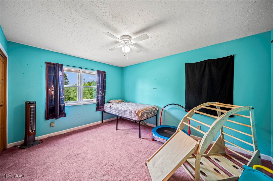 5050 Middle Road Conneaut, OH 44030 - Photo 28 of 35 Bedroom with carpet, a textured ceiling, and ceiling fan