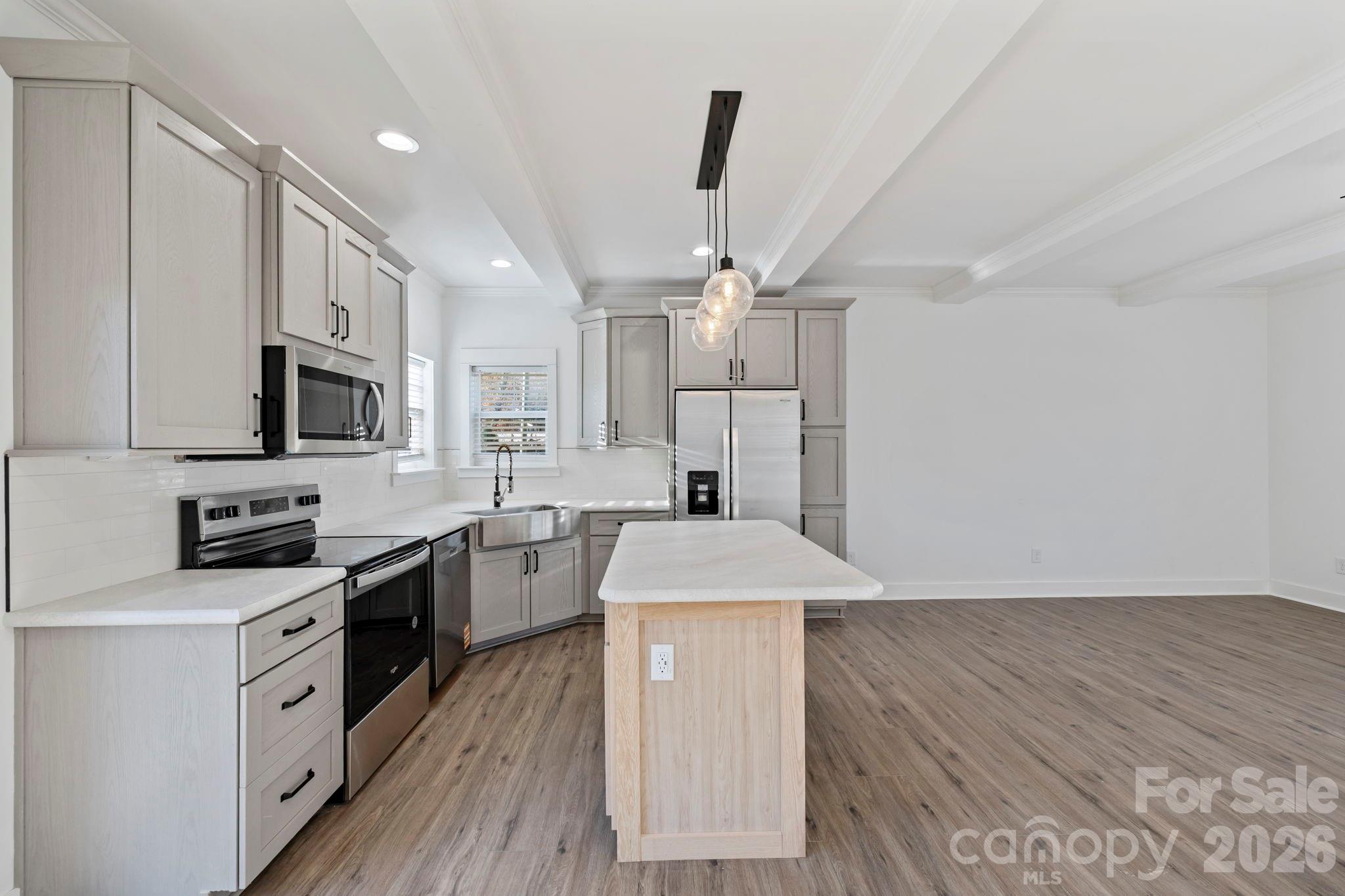 203 Southern Charm Road Arden, NC 28704 - Photo 11 of 34 a large kitchen with stainless steel appliances granite countertop a stove oven a sink dishwasher and a refrigerator with wooden floor