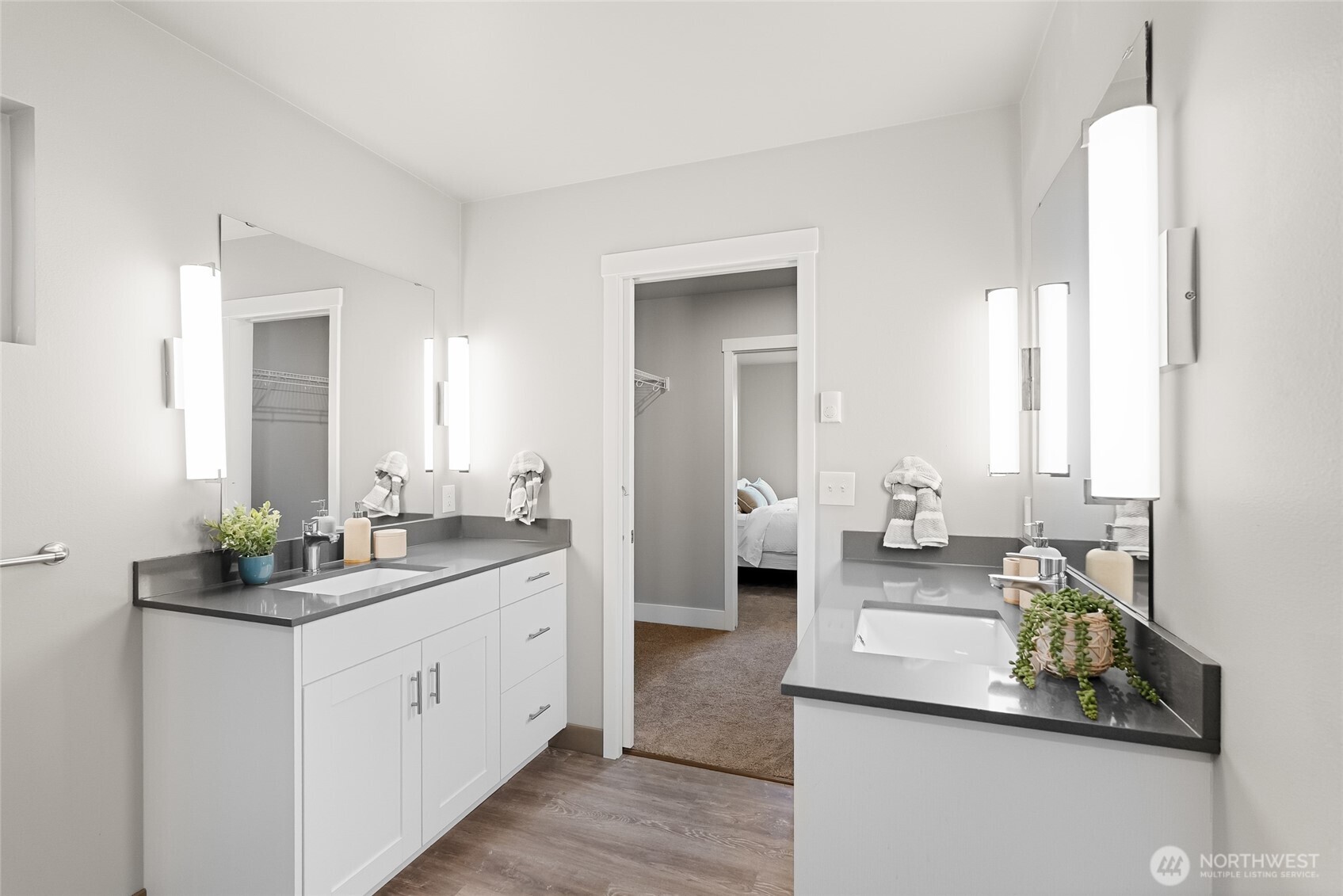 1884 Front Street, Unit A Lynden, WA 98264 - Photo 21 of 35 a bathroom with a double vanity sink and a mirror