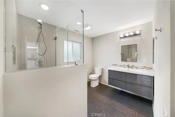 a bathroom with a shower and a toilet