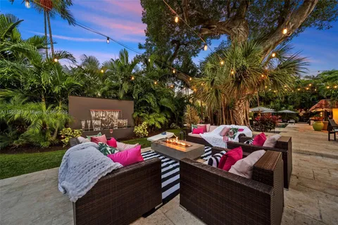 a backyard of a house with table and chairs