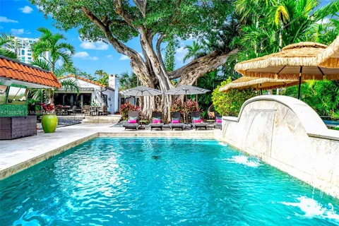 a view of a backyard patio and swimming pool