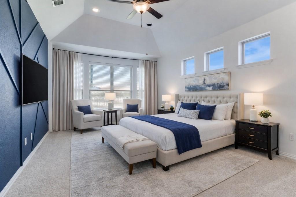 1215 Hundgate Way Forney, TX 75126 - Photo 16 of 38 Bedroom with carpet floors, ceiling fan, vaulted ceiling, and recessed lighting