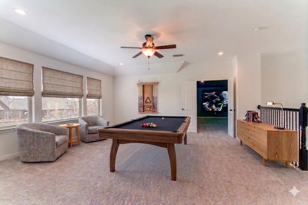1215 Hundgate Way Forney, TX 75126 - Photo 23 of 38 Rec room with light carpet, ceiling fan, pool table, and recessed lighting