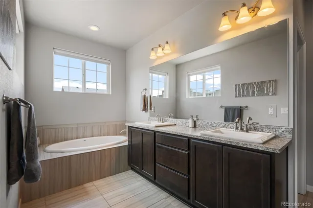 a bathroom with a two sinks a large mirror and a bathtub