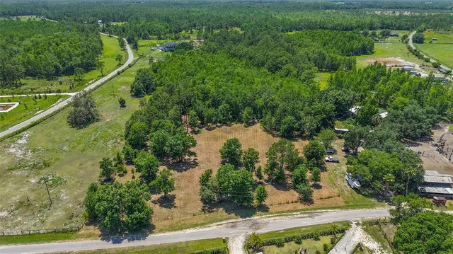 an aerial view of residential houses with outdoor space and trees