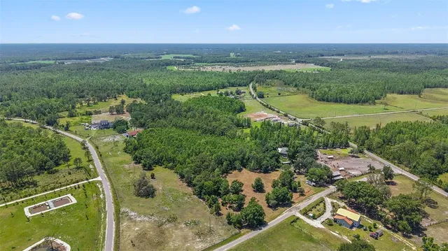 an aerial view of residential houses with outdoor space and trees