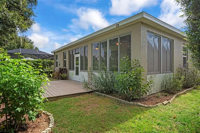 a view of a garden with an outdoor space