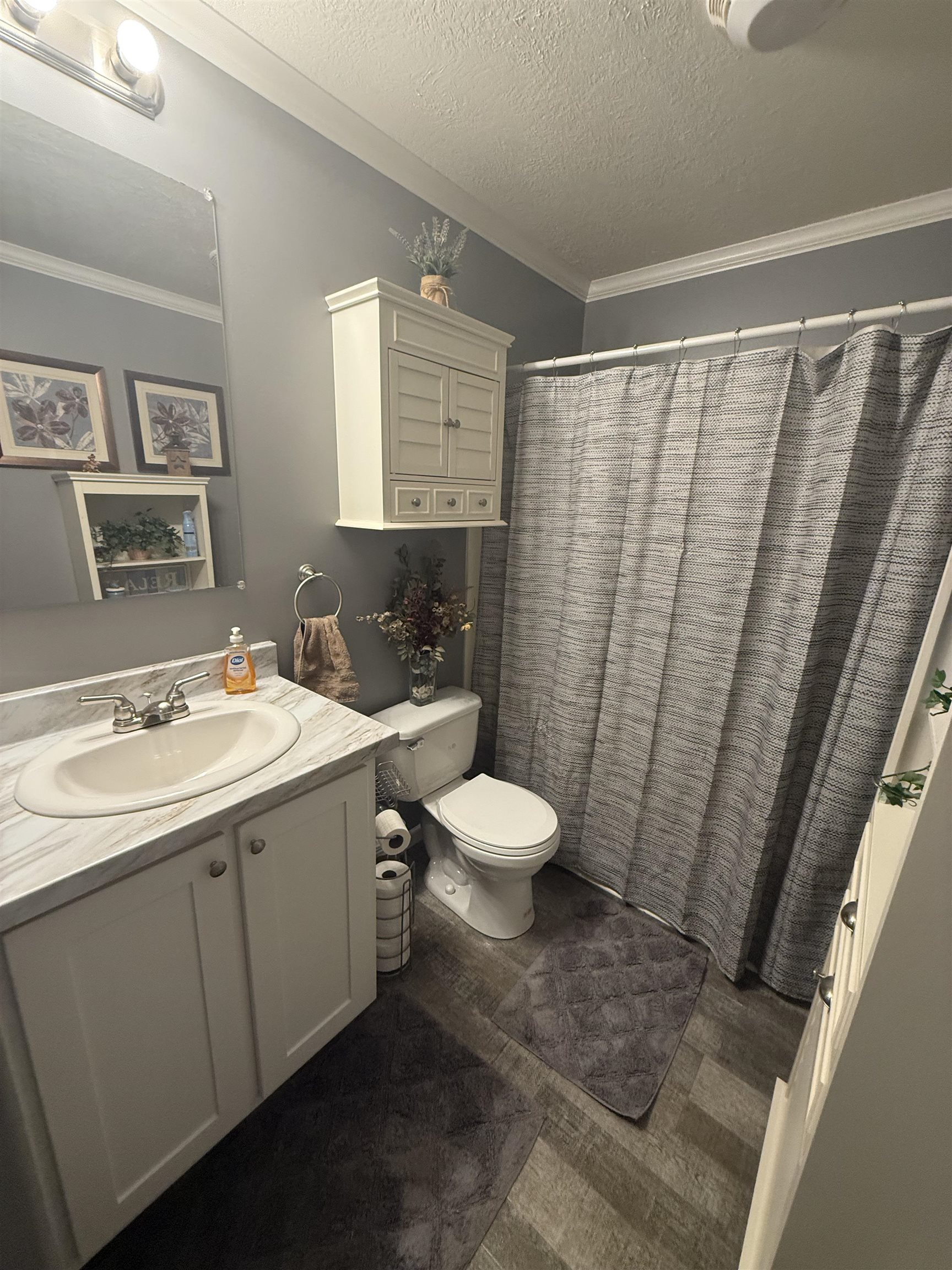 185 Pine Tree Road Moscow, TN 38057 - Photo 24 of 36 White vanity with integrated sink, wood-finish flooring, white wall-mounted storage cabinet, and a shower/tub combination