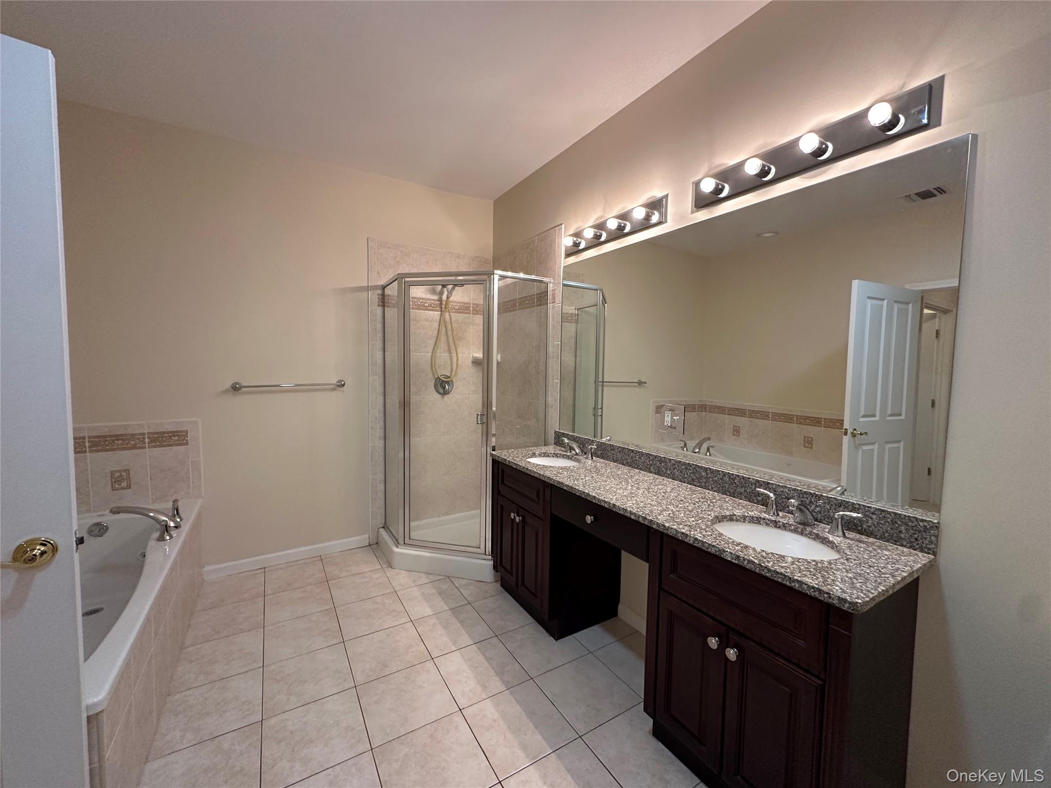 75 Quaker Avenue, Unit 117 Cornwall, NY 12518 - Photo 13 of 21 a bathroom with a granite countertop sink a mirror and a shower