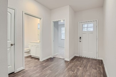 709 Iron Brg Road Georgetown, TX 78626 - Photo 2 of 11 A welcoming entryway with rich wood-look flooring connects to a bright bathroom and additional living space.
