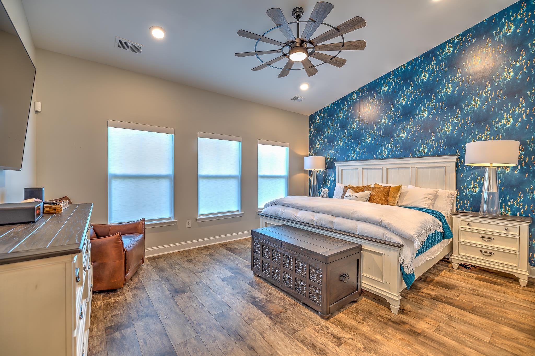 2488 Goldfinch Drive Myrtle Beach, SC 29577 - Photo 27 of 38 Bedroom featuring wallpapered walls, an accent wall, wood-type flooring, recessed lighting, and ceiling fan