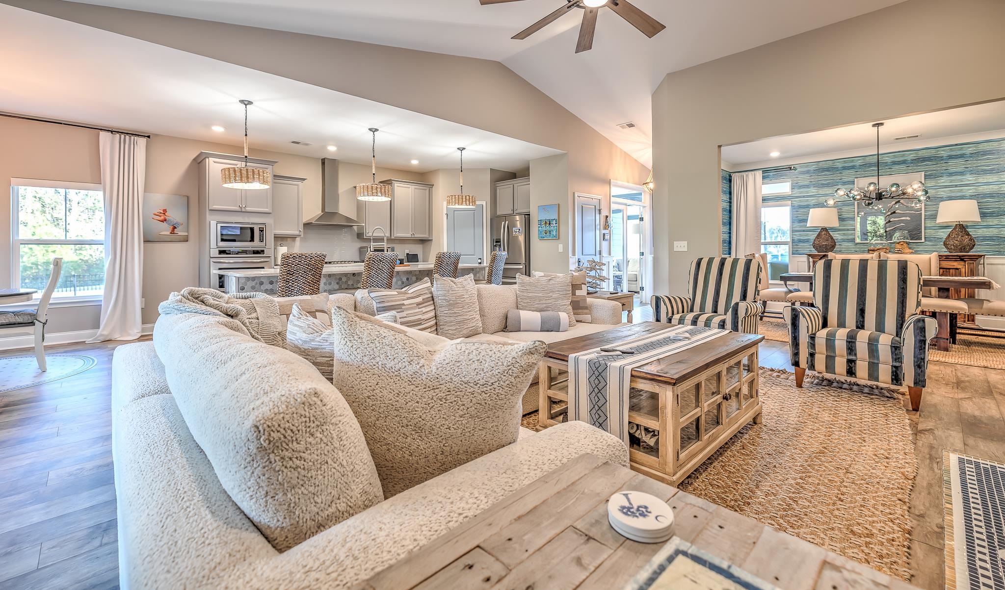 2488 Goldfinch Drive Myrtle Beach, SC 29577 - Photo 8 of 38 Living room featuring light wood-style flooring, recessed lighting, a chandelier, vaulted ceiling, and ceiling fan