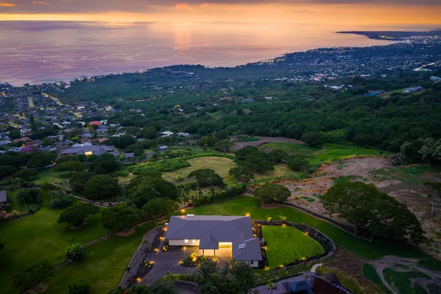 an aerial view of residential houses with outdoor space and trees