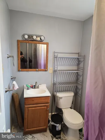 a bathroom with a sink toilet and mirror
