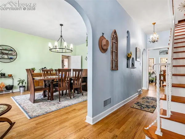 a view of a dining room with furniture