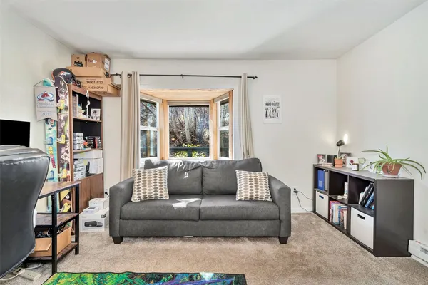 a living room with furniture and a book shelf