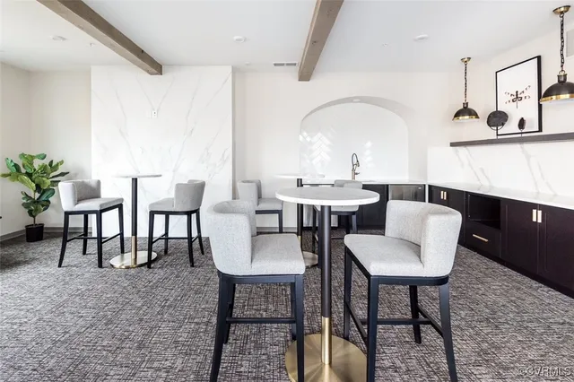 a view of a dining room with furniture