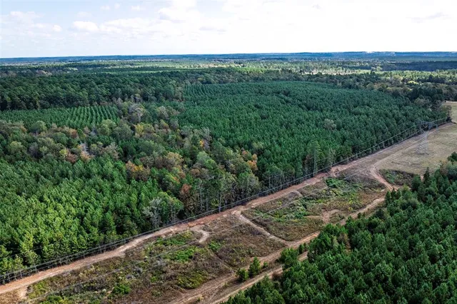 an aerial view of residential houses with outdoor space and trees