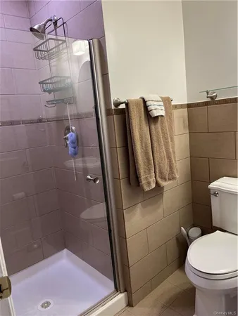 a bathroom with a shower and a toilet