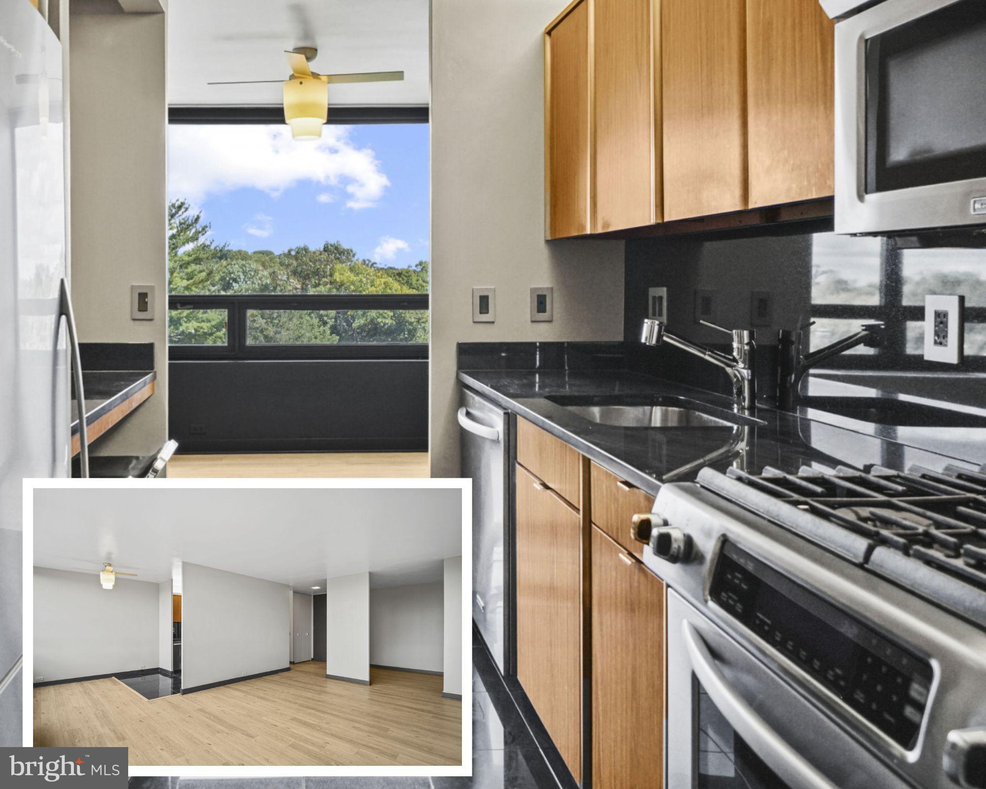 a kitchen with a stove and a microwave