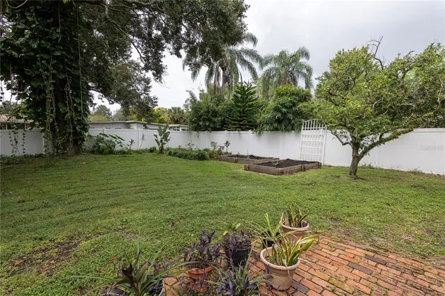 a view of a garden with a bench