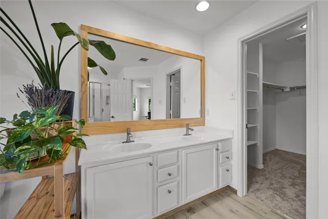 a bathroom with a sink a mirror and a potted plant