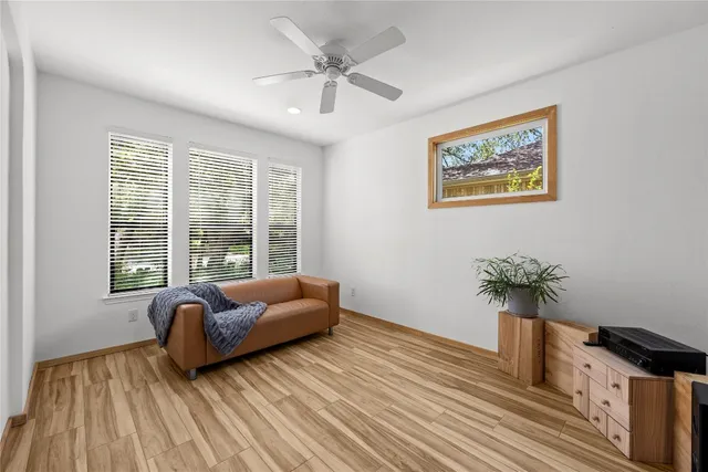 a living room with furniture and a potted plant