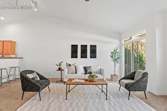 a living room with furniture a rug and a large window