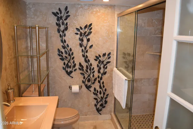 a bathroom with a toilet and a shower