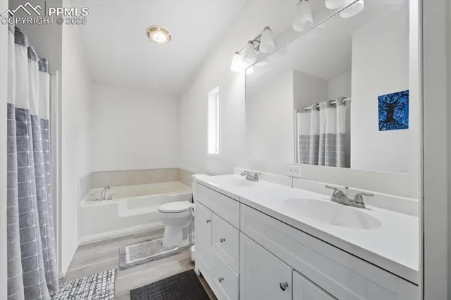 a bathroom with a granite countertop sink a toilet a large mirror and shower