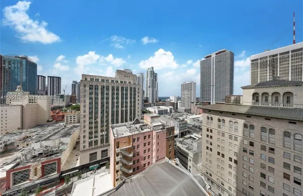 a city view with tall buildings