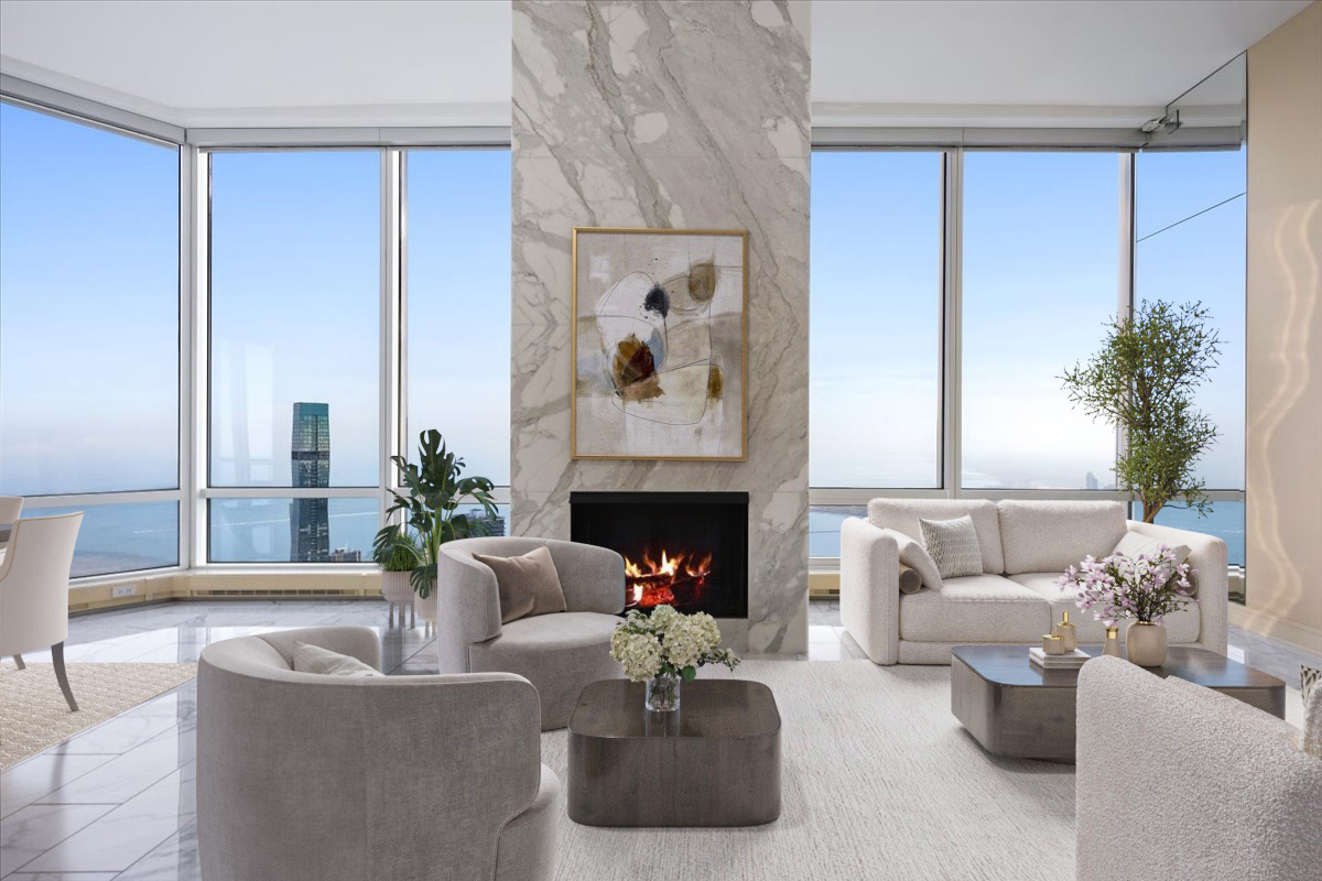 401 North Wabash Avenue, Unit 86D Chicago, IL 60611 - Photo 11 of 50 a living room with furniture potted plant and a fireplace
