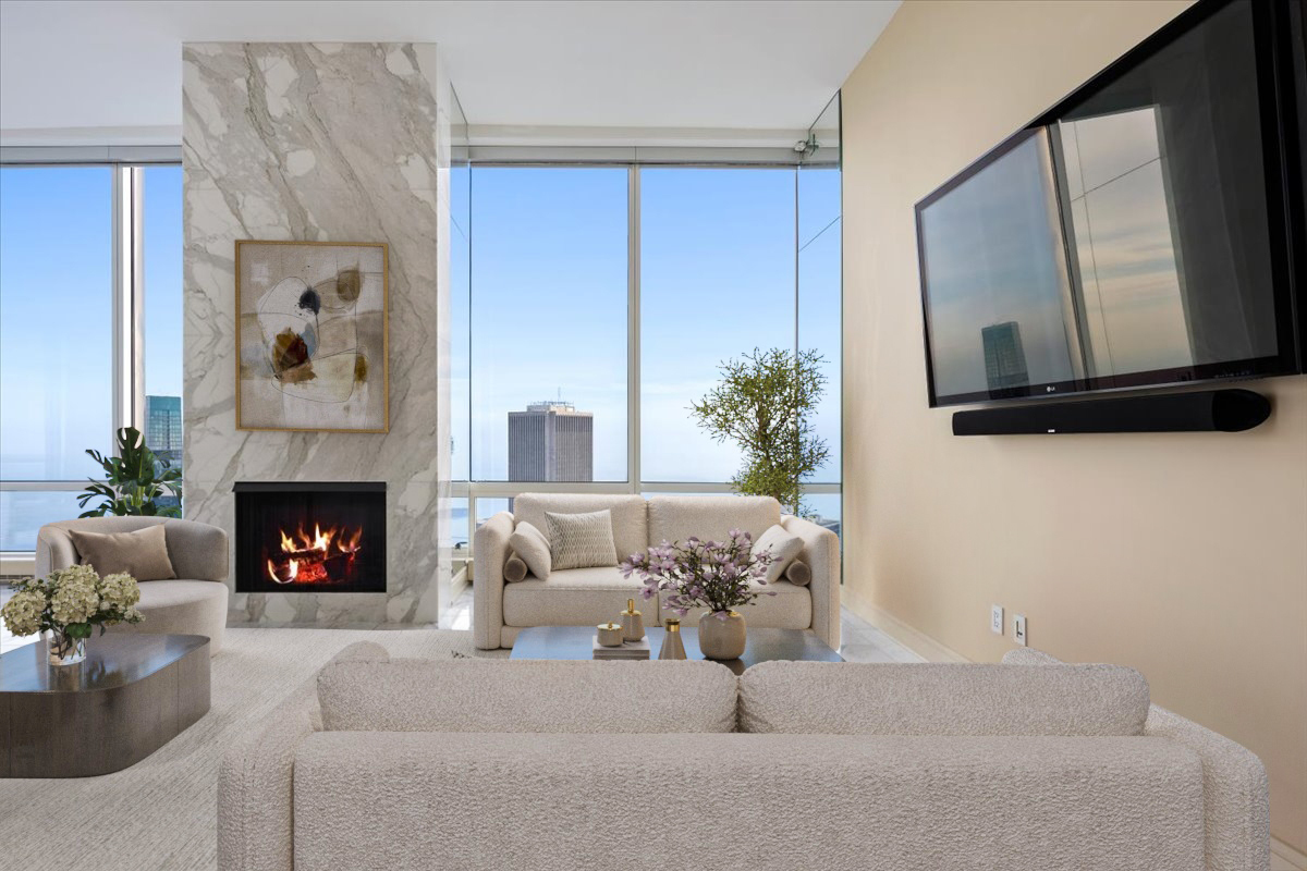 401 North Wabash Avenue, Unit 86D Chicago, IL 60611 - Photo 13 of 50 a living room with furniture and a fireplace