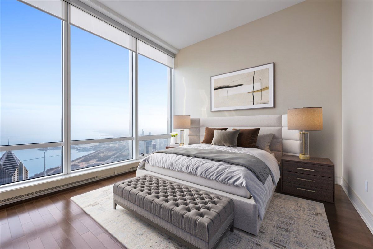 401 North Wabash Avenue, Unit 86D Chicago, IL 60611 - Photo 18 of 50 a bedroom with a bed and a couch