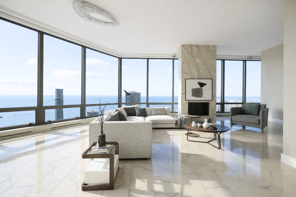 401 North Wabash Avenue, Unit 86D Chicago, IL 60611 - Photo 2 of 42 a living room with furniture and large windows