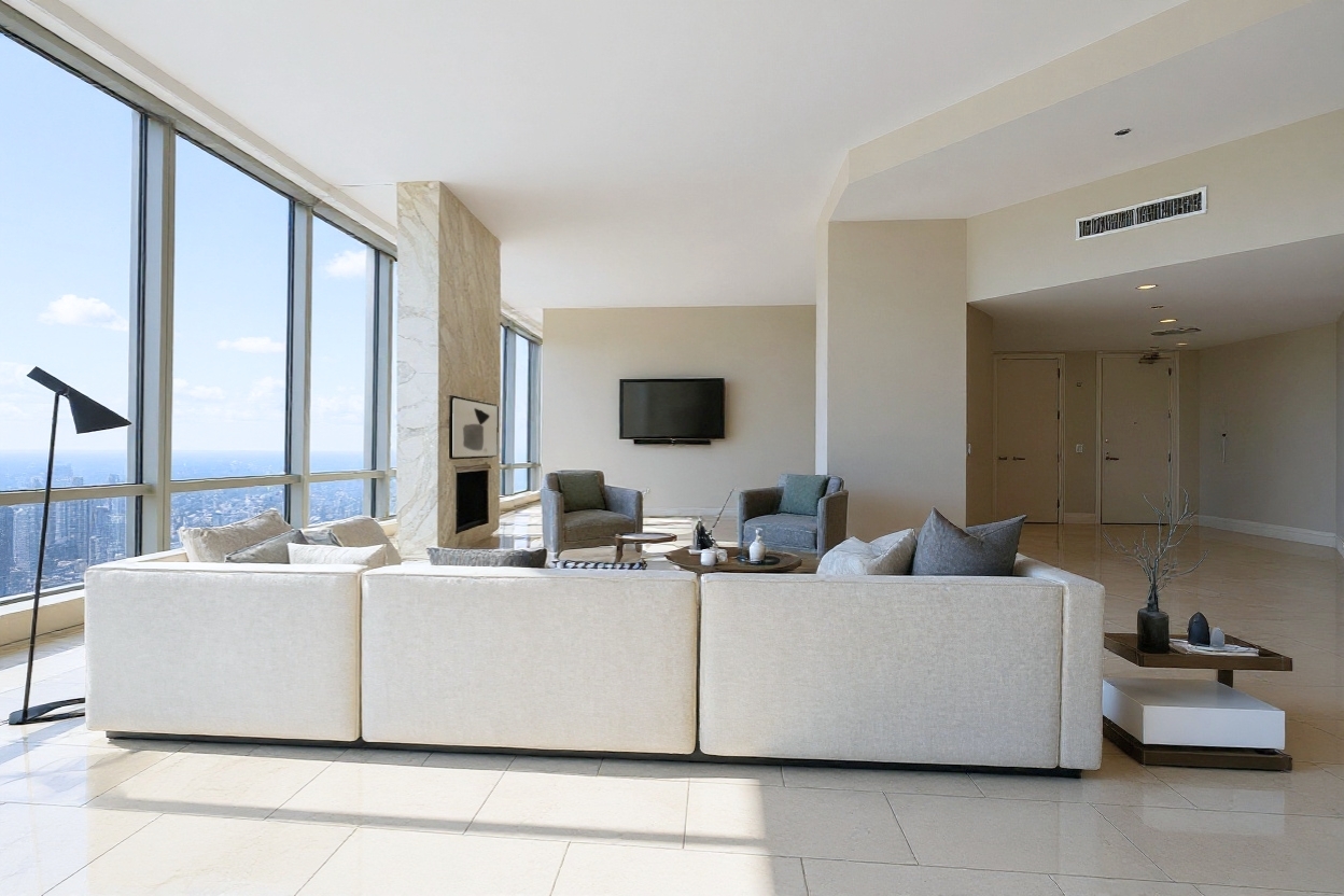 401 North Wabash Avenue, Unit 86D Chicago, IL 60611 - Photo 3 of 42 a living room with couches and a flat screen tv