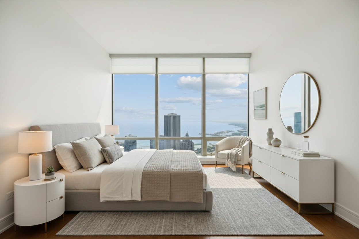 401 North Wabash Avenue, Unit 86D Chicago, IL 60611 - Photo 8 of 42 a bedroom with bed and a large window