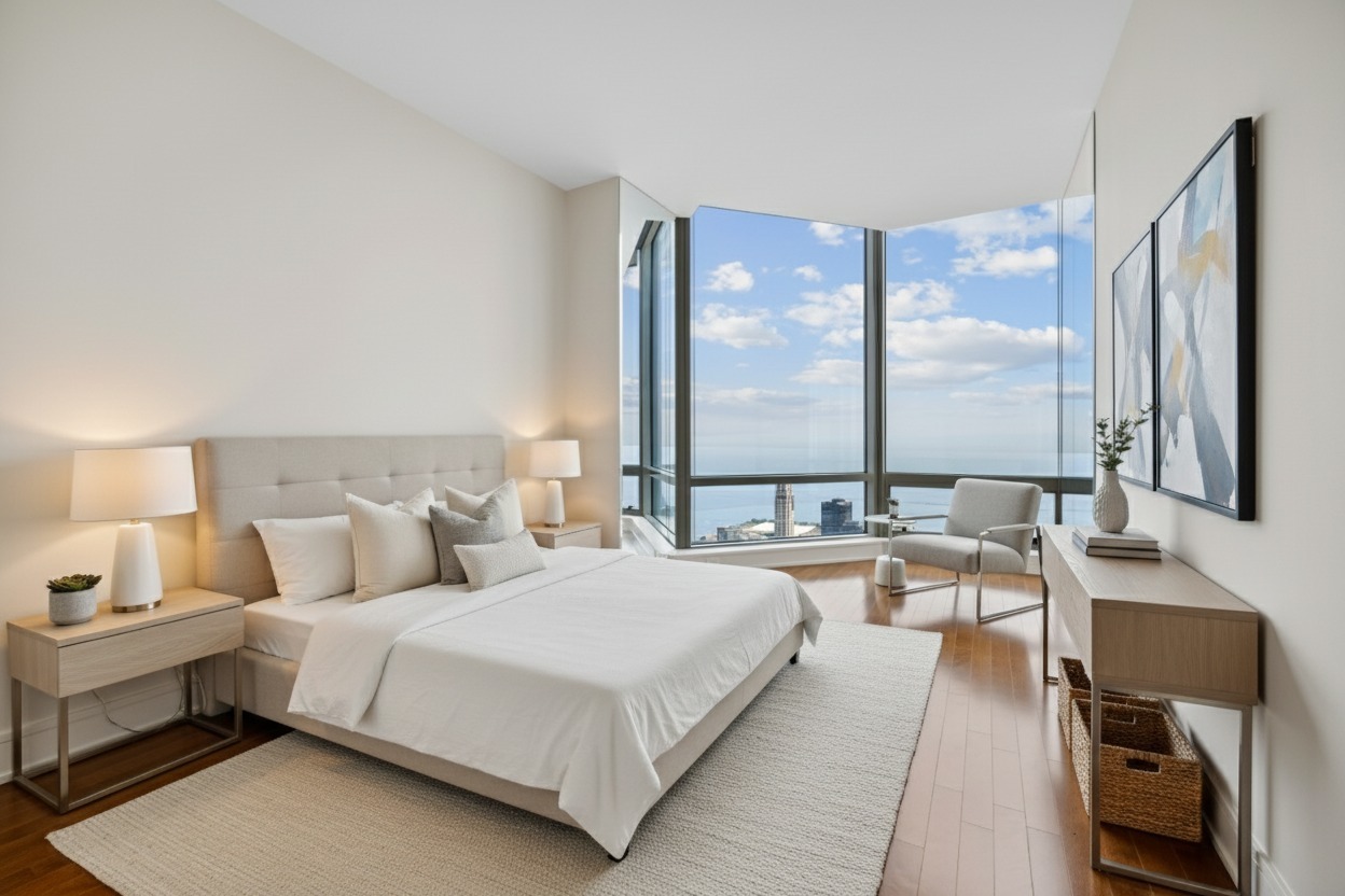 401 North Wabash Avenue, Unit 86D Chicago, IL 60611 - Photo 9 of 42 a large bedroom with a bed and a large window