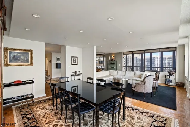 a view of a dining room with furniture