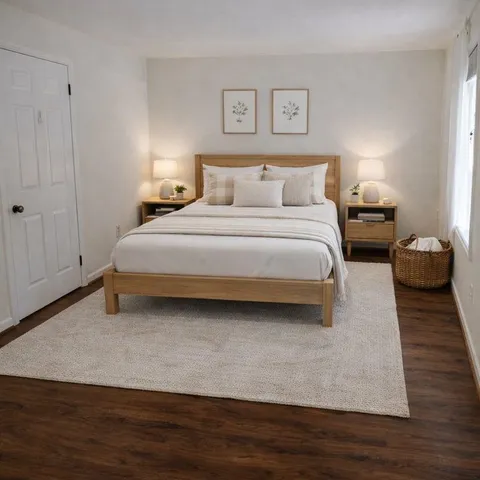 a bedroom with a bed and a lamp