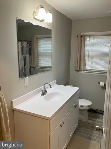 a bathroom with a toilet sink and mirror
