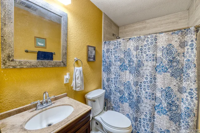 a bathroom with a granite countertop sink toilet a mirror and shower curtain