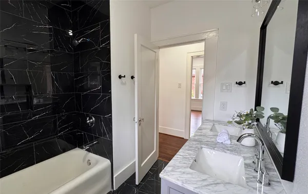 a bathroom with a tub a potted plant and a sink