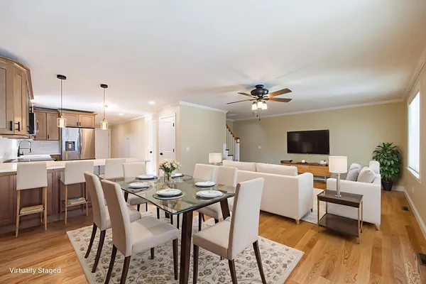 a view of a dining room with furniture